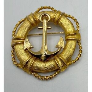 Vintage "Art" Lifebuoy Anchor Nautical Brooch. Gold tone 2"
